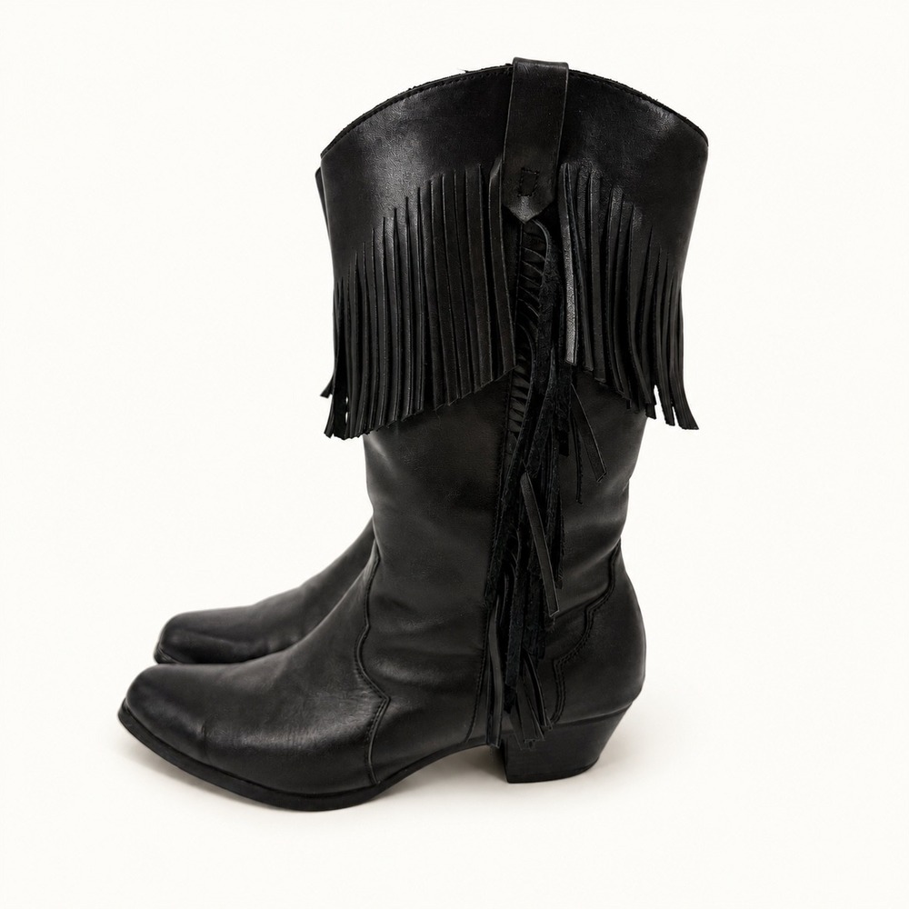 Vintage Oak Tree Farms Women 9 Cowboy Boots Black Leather Fringe Western Boho